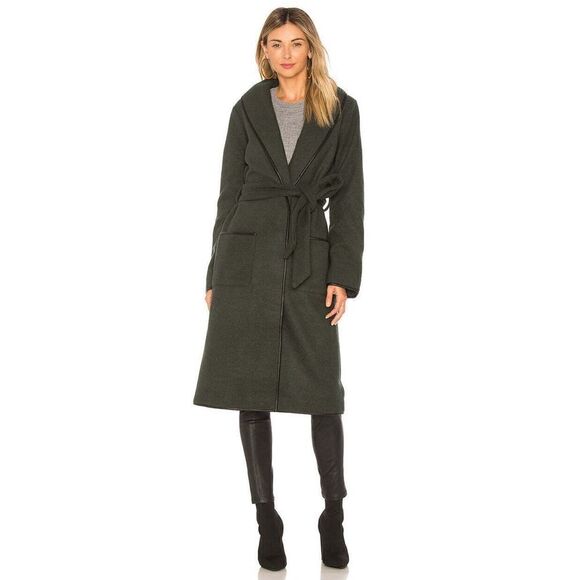 REVOLVE TULAROSA GREEN WRAP LONG LINE LEATHER TRIM WOOL BLEND PEACOAT SIZE SMALL - Picture 1 of 7